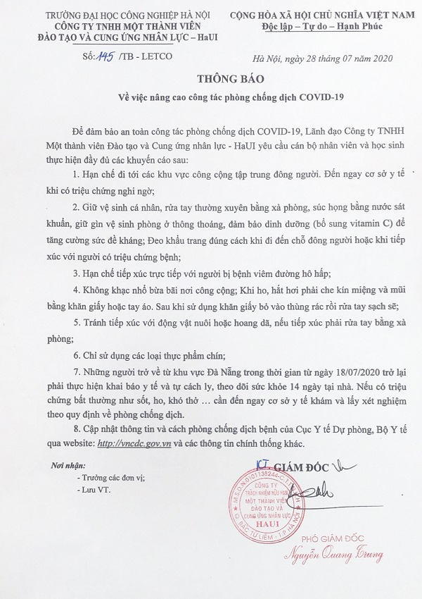 Thông báo: về việc nâng cao công tác phòng chống dịch Covid-19